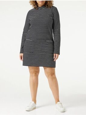 NWT People Tree Black & White Striped Long-Sleeve Turtleneck Dress